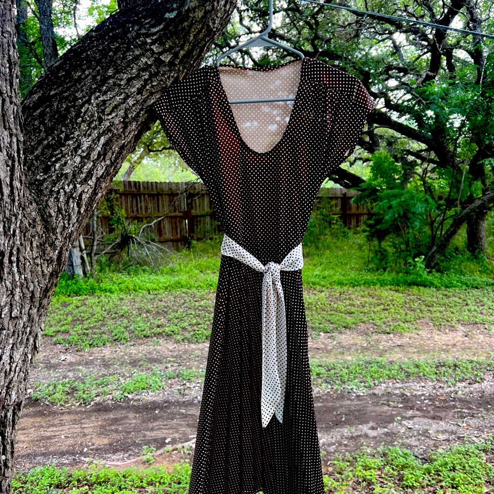 Vintage brown polkadot dress with matching belt/hesd scarf.